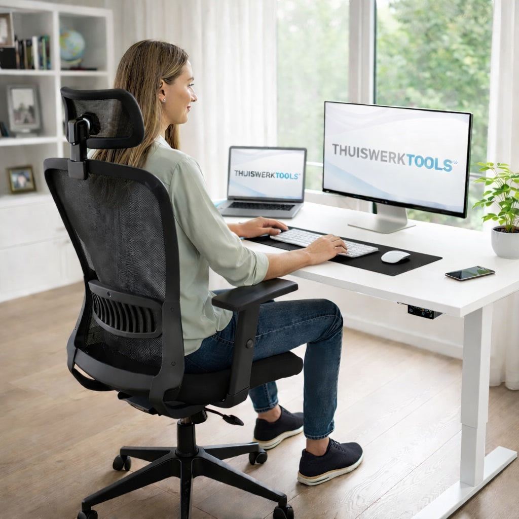 SitWell™ | Ergonomische Bureaustoel + FlexDesk™ | Zit Sta Bureau 120 x 60 Wit Setprijs