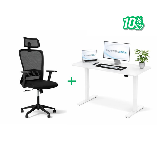 SitWell™ | Ergonomische Bureaustoel + FlexDesk™ | Zit Sta Bureau 120 x 60 Wit Setprijs