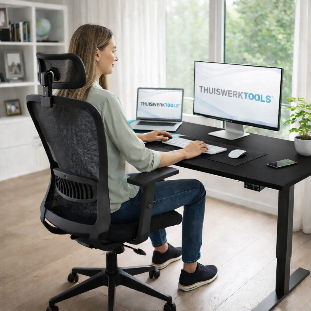 SitWell™ | Ergonomische Bureaustoel + FlexDesk™ | Zit Sta Bureau 140 x 60 Zwart Setprijs
