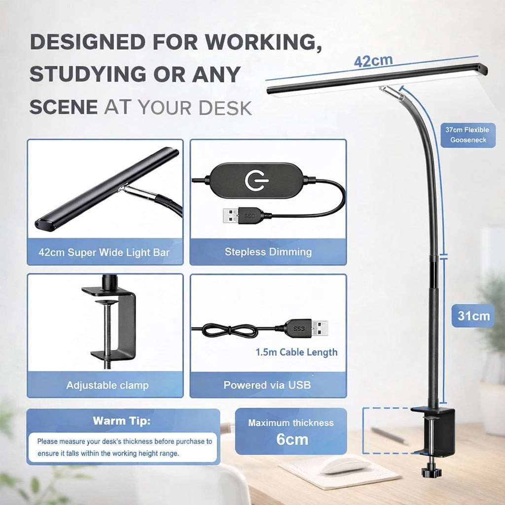 LuminaPro™ | Dimbare LED Bureaulamp met klembevestiging